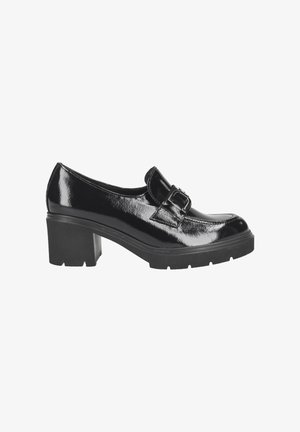 Mocassin en cuir verni noir avec un détail de boucle rectangulaire. Talon épais et texturé avec une semelle chunky. Fini lisse avec des coutures minimales.