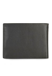 Billetera de piel negra con una superficie texturizada, forma rectangular, bordes cosidos y un doblez suave en la parte superior. Diseño simple y funcional.