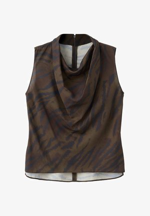 Sleeveless brown top with dark abstract tiger stripe pattern and draped cowl neckline, featuring back zipper closure.