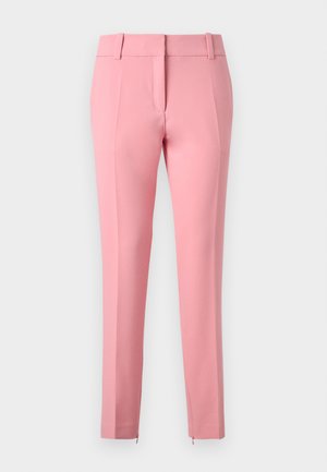 Rosa skreddersydde bukser med en glatt tekstur, rette ben og glidelåsdetalj ved kanten. Har beltesløyfer og flat frontdesign.