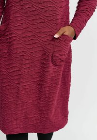 Bordeauxfarbenes Kleid mit wellenförmigem Texturmuster und langen Ärmeln. Verfügt über zwei vordere Taschen. Weiches Material, knielanges Design.