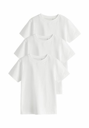Drei weiße Baumwoll-T-Shirts mit kurzen Ärmeln und Rundhalsausschnitt, mit glatter Textur und klassischer Passform. Keine Muster oder Verzierungen.