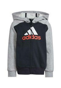 Felpa con zip nera e grigia, con cappuccio e maniche grigie, caratterizzata da un logo Adidas bianco e rosso sul petto e polsini a costine.