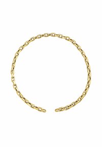 Collar de cadena de oro con eslabones ovalados y redondos interconectados, textura suave, forma circular y extremos abiertos ajustables para facilitar su uso.
