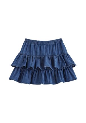 Blå denim lagdelt nederdel med elastisk talje og to flæselag, lagt fladt på hvid baggrund.