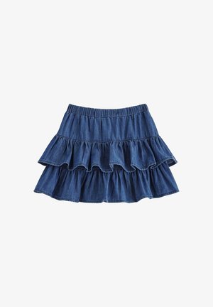 Jupe en jean bleue à volants et taille élastique, composée de deux couches, étalée à plat sur fond blanc.