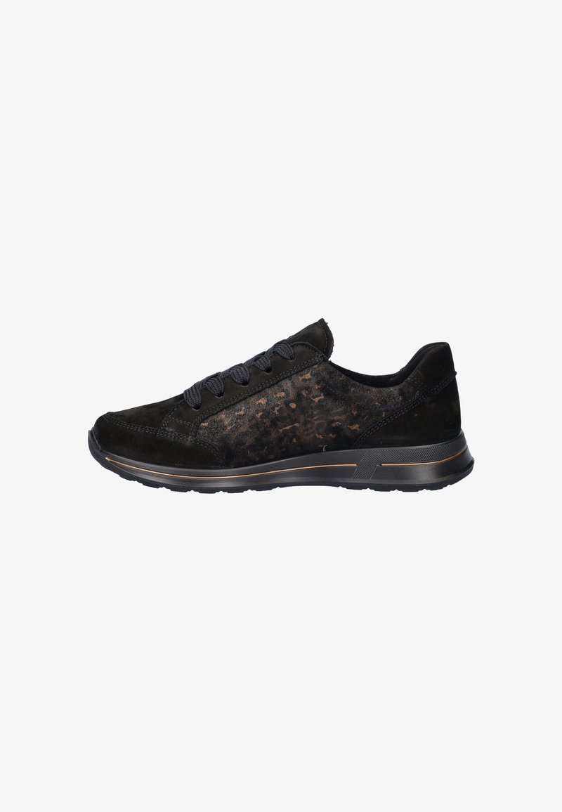 Black low-top sneaker with lace closure, subtle textured side panel, and a black rubber sole with a thin gold stripe.