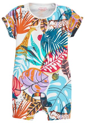 Śpioszki dziecięce z kolorowymi tropikalnymi liśćmi oraz ilustracjami żyrafy, tukana, geparda i ślimaka na białym tle.