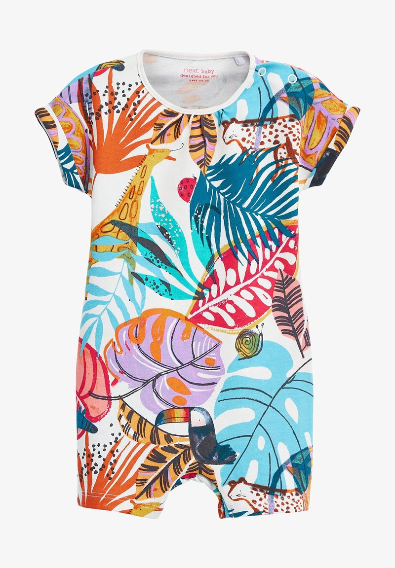 Grenouillère pour bébé avec des illustrations de feuilles tropicales colorées, girafe, toucan, guépard et escargot sur fond blanc.