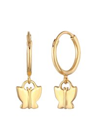 Boucles d'oreilles en or en forme de créole avec un charme en forme de papillon. Le design du papillon présente des bords lisses et une finition polie, suspendu à un fermoir simple.