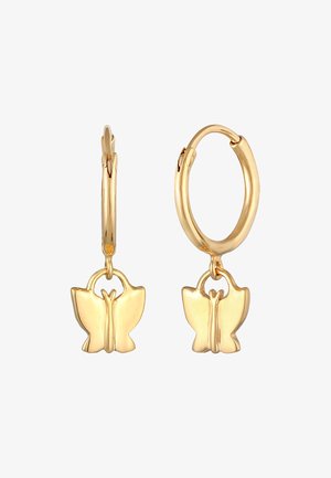 Boucles d'oreilles en or en forme de créole avec un charme en forme de papillon. Le design du papillon présente des bords lisses et une finition polie, suspendu à un fermoir simple.