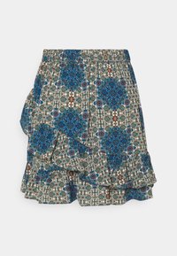 Jupe à motifs floraux présentant un design bleu et vert, avec un ourlet volanté, une taille élastique et un tissu léger.