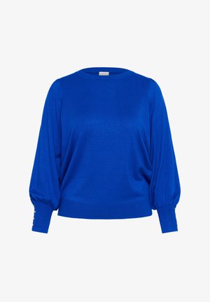 Királykék pulóver kerek nyakkivágással, hosszú puffos ujjal és bordás mandzsettával, gombdíszekkel az ujjak végén.