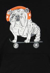 Black hoodie featuring a graphic of a bulldog on a skateboard, wearing orange headphones. The design includes detailed line work in gray.