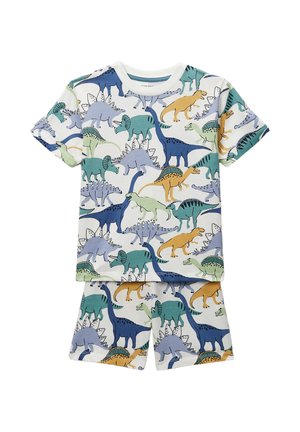 Pyjama court en coton à motif de dinosaures. Le t-shirt présente divers dinosaures colorés en bleu, vert, orange et jaune. Comprend un short assorti.