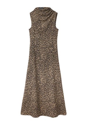 Vestido midi sin mangas con cuello alto y estampado de leopardo en tonos marrones y negros.