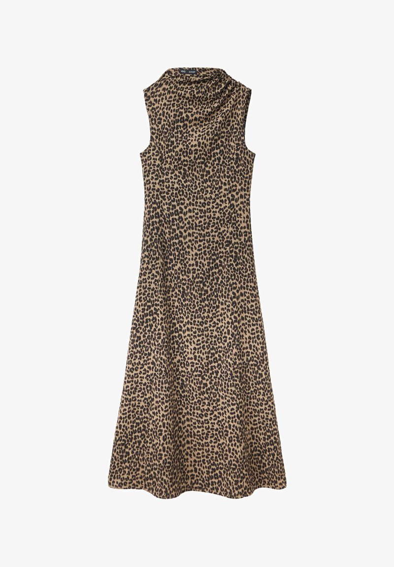 Robe midi sans manches avec col haut et motif léopard dans des tons marron et noir.