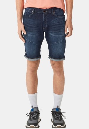 Shorts en denim dans un bleu foncé, avec un ourlet roulé, un design classique à cinq poches et de subtils détails de décoloration.