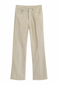 Pantalons en velours côtelé beige au design à jambe large, dotés d'une fermeture à bouton, de poches avant et d'une texture côtelée subtile.