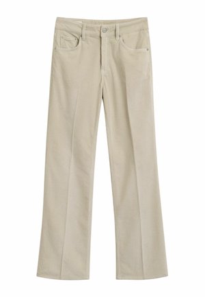 Beige corduroy pants with a wide-leg design, featuring a button closure, front pockets, and a subtle ribbed texture.