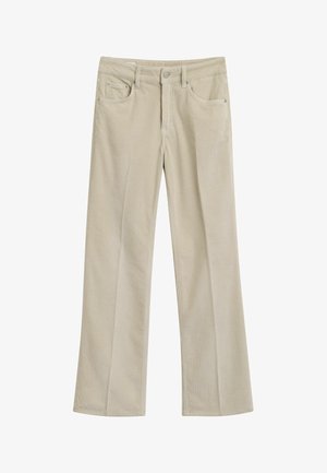 Beige corduroy broek in een wijde pasvorm, met een knoopsluiting, voorzakken en een subtiele ribbelstructuur.