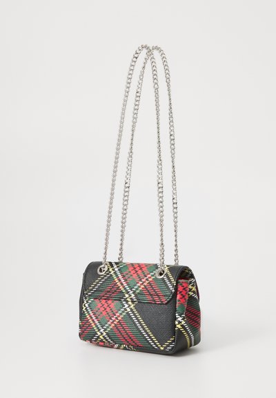 Black tartan handbag featuring red, yellow, and green patterns, with a textured finish and metallic silver chain straps. Compact rectangular shape.