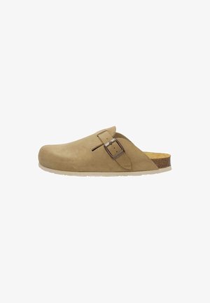 Light brown suede clog with a rounded toe, adjustable buckle strap, and cork midsole. Textured upper with a flat white outsole.