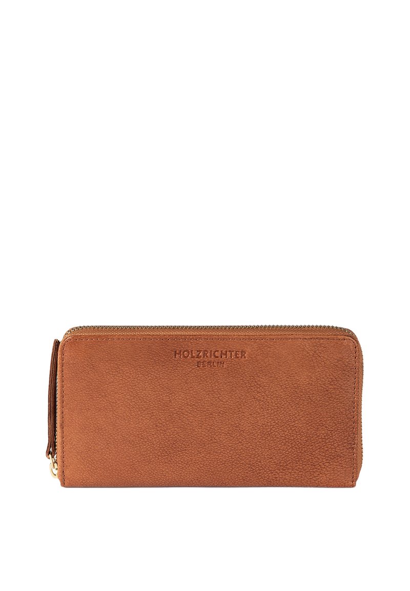Brown leather wallet with a textured surface, zip closure, and embossed brand name "HOLZRICHTER BERLIN" on the front.