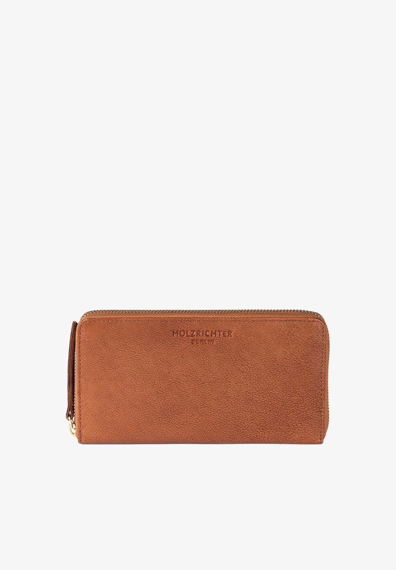 Brown leather wallet with a textured surface, zip closure, and embossed brand name "HOLZRICHTER BERLIN" on the front.