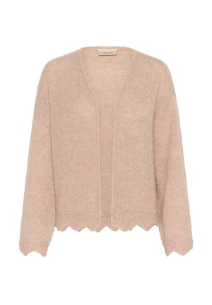 Light pink, open-front cardigan made of knitted material. Features scalloped hem and long sleeves with a relaxed fit.