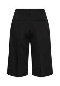 Shorts noirs coupés au genou, ajustés, avec passants de ceinture et deux poches arrière passepoilées, vus de dos sur fond blanc.
