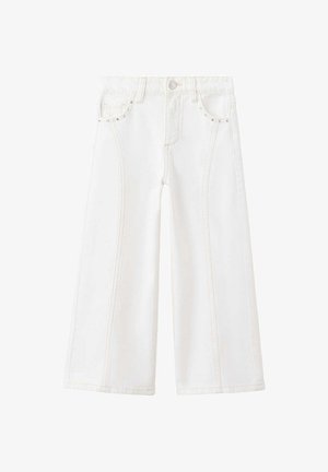 Jean blanc à jambes larges avec poches avant, passants de ceinture, fermeture par boutons et détails de couture verticaux sur les jambes.