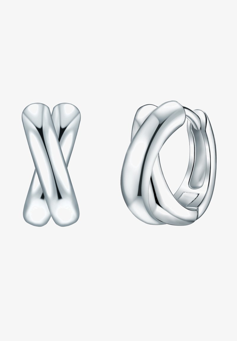 Sidabriniai auskarai su sukurtu dizainu. Vienas auskaras primena atvirą mazgą, o kitas turi uždaros kilpos formą. Lygus, atspindintis paviršius.