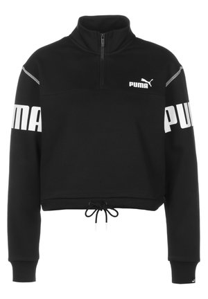 Pullover in fleece nero con colletto a mezza zip, dotato di logo bianco "PUMA" sulle maniche e cordino regolabile all'orlo.