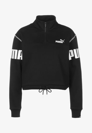Pullover in fleece nero con colletto a mezza zip, dotato di logo bianco "PUMA" sulle maniche e cordino regolabile all'orlo.