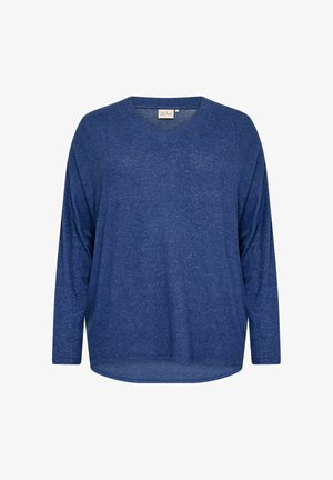 Blauses Langarmoberteil mit V-Ausschnitt und lässiger Passform, aus einem strukturierten Stoff gefertigt. Mit abgerundetem Saum und dezentem Melange-Muster.
