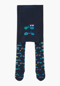Navy blue tights featuring tractor designs, with a playful pattern of colorful tractors and stars, made from a soft, stretchy material.