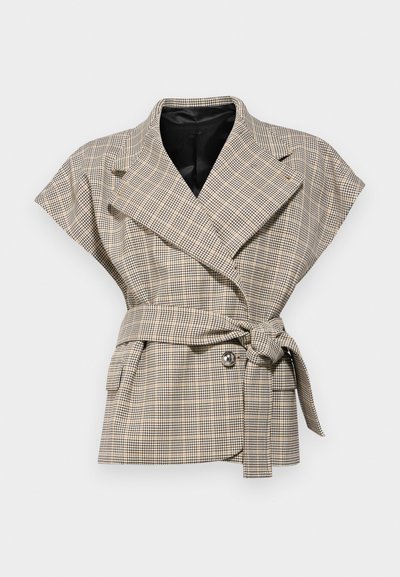 Koorimataudiga kinnasjakk pruunis ja mustas, lühikeste käistega, vöökohaga ja varjatud kinnitusega kraega.