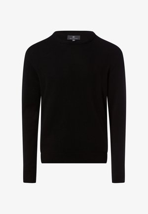 Schwarzer Strickpullover mit Rundhalsausschnitt und langen Ärmeln. Verfügt über gerippte Bündchen und Saum. Glatte Textur und schlichtes Design ohne Muster.