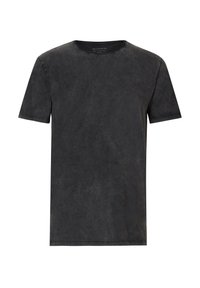 Schwarzes T-Shirt mit kurzen Ärmeln und Rundhalsausschnitt, das eine strukturierte, leicht verblasste Optik und klare Linien aufweist. Hergestellt aus weichem Stoff.