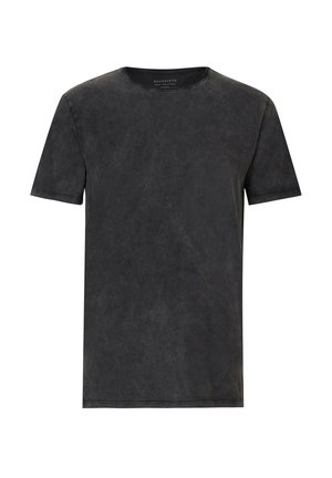 Camiseta negra de manga corta con cuello redondo, que presenta una apariencia texturizada y ligeramente desvaída, con líneas limpias. Fabricada en tela suave.