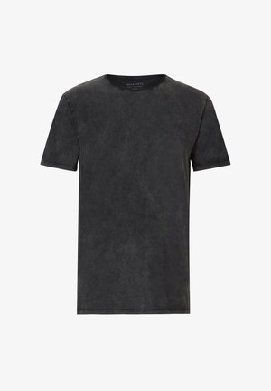 Musta lyhythihainen t-paita pyöreällä kaula-aukolla, jossa on tekstuuri, hieman haalistunut ulkonäkö ja siistit linjat. Valmistettu pehmeästä kankaasta.