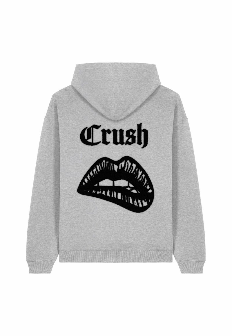 Felpa grigia con una grande grafica nera di labbra e la parola "Crush" in grassetto nero sul retro. Materiale in misto cotone.