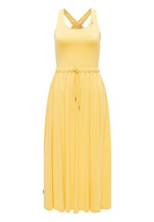 Żółta sukienka maxi bez rękawów z krzyżującymi się ramiączkami, elastycznym pasem ze sznurkiem do wiązania oraz trzema małymi ozdobnymi guzikami przy dekolcie.