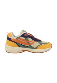 Multi-colored sneaker featuring mesh and suede materials in yellow, orange, green, and navy. Chunky sole with visible lacing and accents.