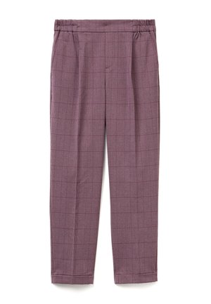 Pantaloni a scacchi viola con vita elasticizzata, caratterizzati da un morbido tessuto e gambe affusolate, progettati per comfort e facilità di utilizzo.