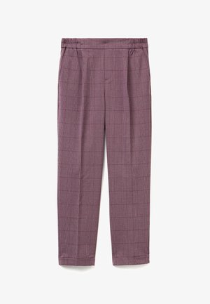 Pantalones de cuadros morados con una cinturilla elástica, que cuentan con una textura de tela suave y perneras ajustadas, diseñados para la comodidad y la facilidad de uso.