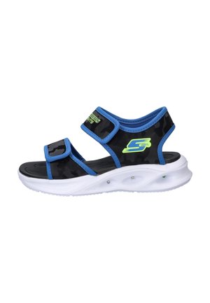 Sandale ouverte noire et bleue pour enfant avec brides réglables, semelle blanche et logo "S Lights" sur le côté.