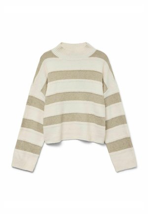 Pull court en maille douce avec des rayures horizontales beige et crème. Il est doté d'un large col roulé et de poignets côtelés pour une texture supplémentaire.