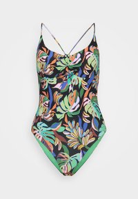 One-piece swimsuit featuring a multi-color tropical leaf pattern on a black background, with adjustable spaghetti straps and a knotted front detail.